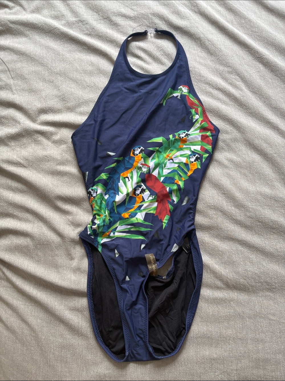 Norma Kamali Navy One-Piece Swimsuit with Tropical Parrot Print